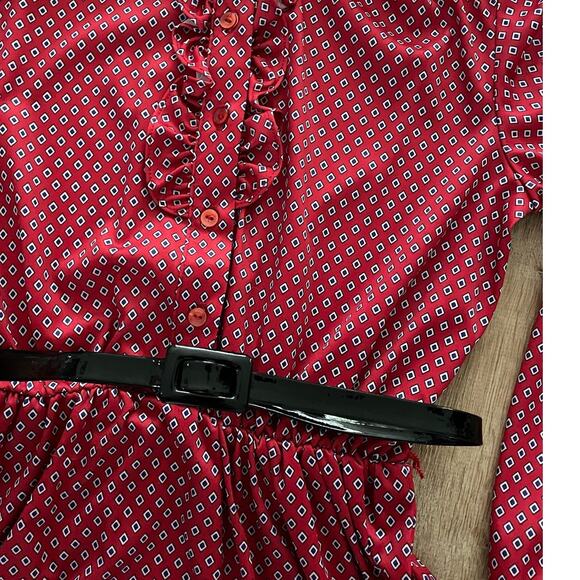 VTG 70s Sears Polyester Red Patterned Ruffle Dress size 8p USA UNION MADE - Picture 5 of 11